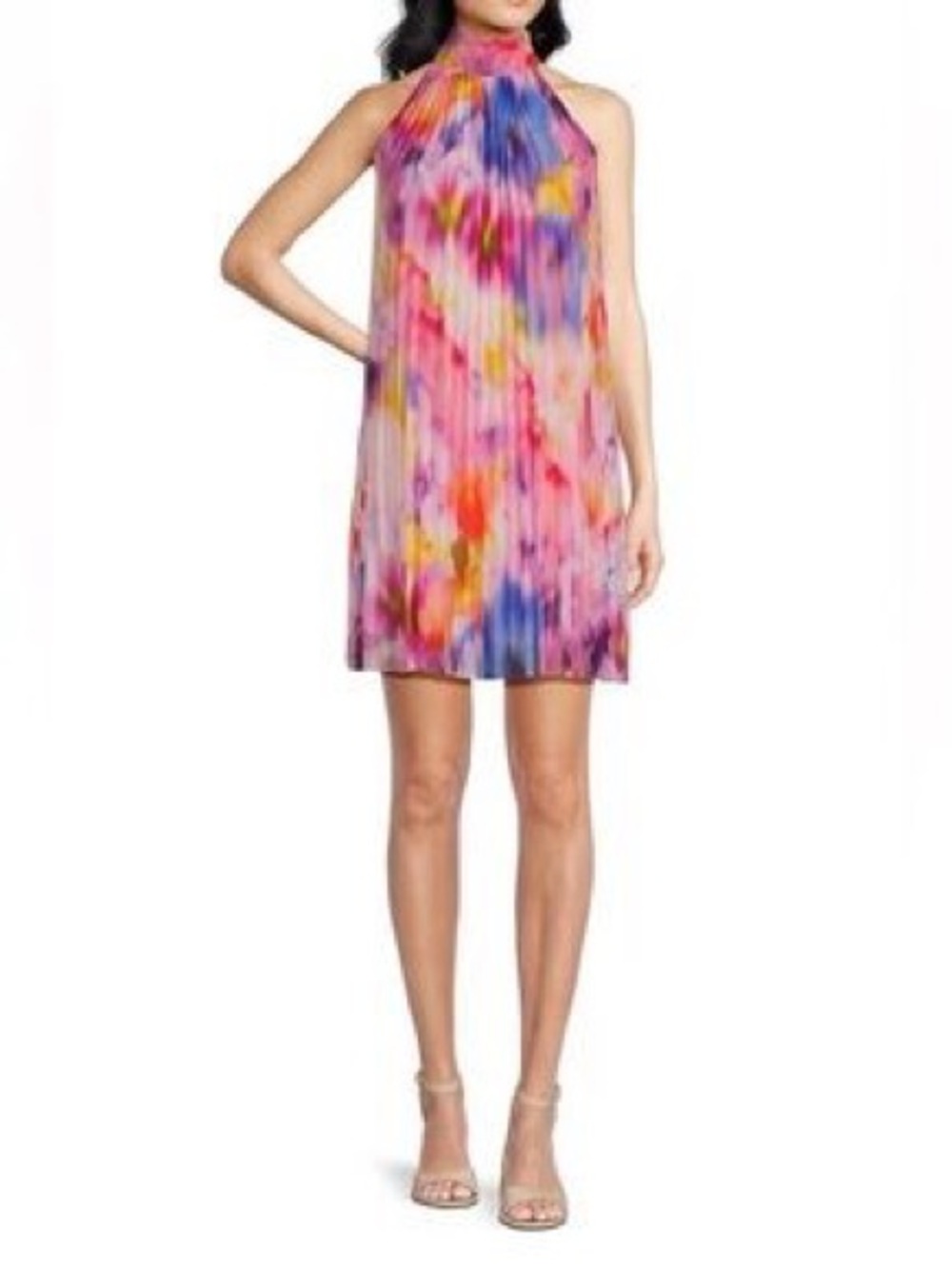Belle Badgley Mischka halter pleated water color mini dress 14 NEW